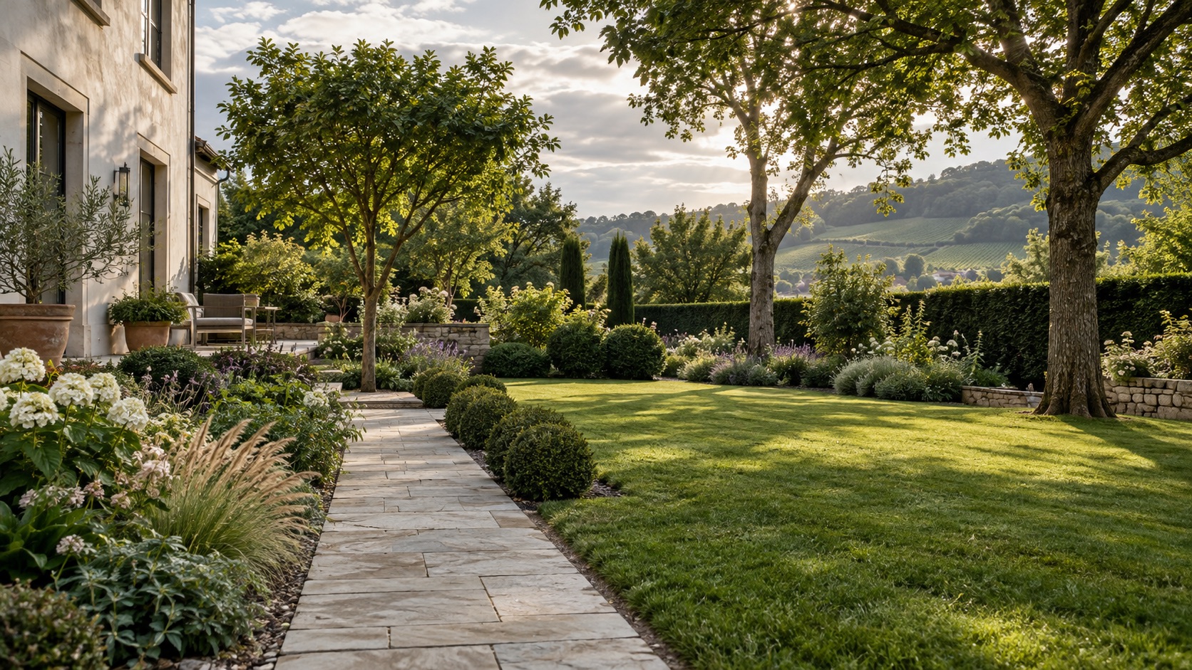 Hausgarten mit Natursteinweg, Rasen und Bäumen