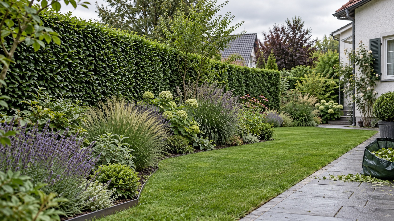 Gepflegter Garten mit geschnittener Hecke und Staudenbeeten