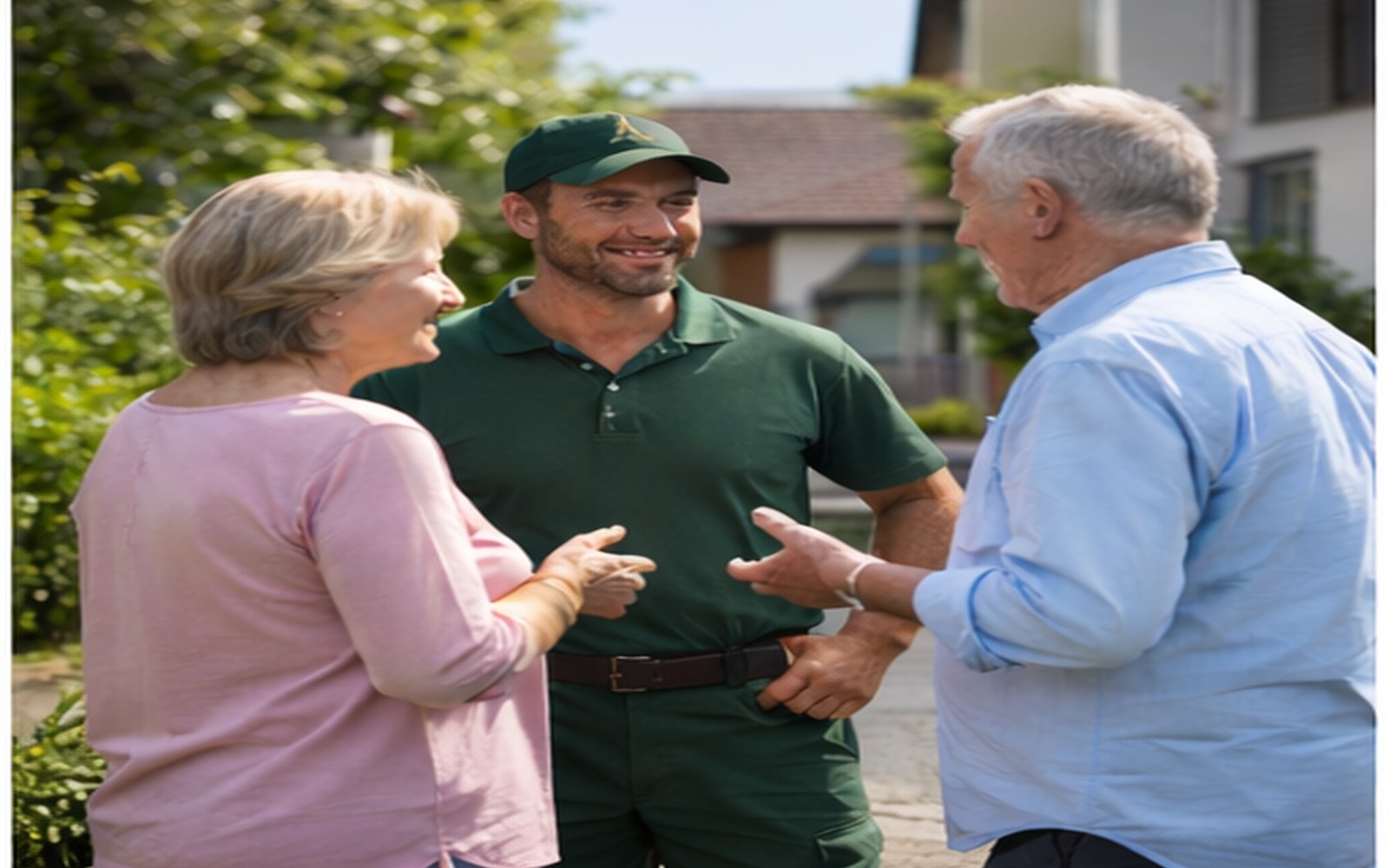 Kurzes Gespräch mit Kunden vor dem Haus